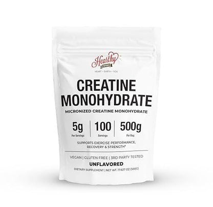 HEARTHY FOODS Creatin Monohydrat Mikronisiertes Pulver 500 g - 100 Portionen, 5000 mg pro Portion (5 g) - für Männer & Frauen Muskelwachstum & Erholung - UNGESÜSST