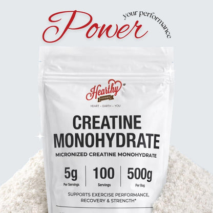 HEARTHY FOODS Creatin Monohydrat Mikronisiertes Pulver 500 g - 100 Portionen, 5000 mg pro Portion (5 g) - für Männer & Frauen Muskelwachstum & Erholung - UNGESÜSST
