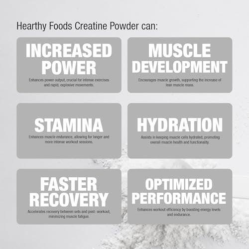 HEARTHY FOODS Creatin Monohydrat Mikronisiertes Pulver 500 g - 100 Portionen, 5000 mg pro Portion (5 g) - für Männer & Frauen Muskelwachstum & Erholung - UNGESÜSST