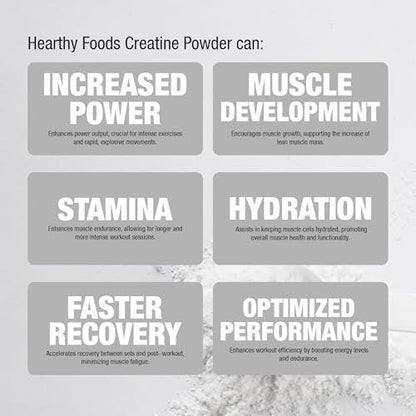 HEARTHY FOODS Creatin Monohydrat Mikronisiertes Pulver 500 g - 100 Portionen, 5000 mg pro Portion (5 g) - für Männer & Frauen Muskelwachstum & Erholung - UNGESÜSST