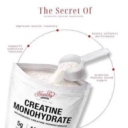 HEARTHY FOODS Creatin Monohydrat Mikronisiertes Pulver 500 g - 100 Portionen, 5000 mg pro Portion (5 g) - für Männer & Frauen Muskelwachstum & Erholung - UNGESÜSST