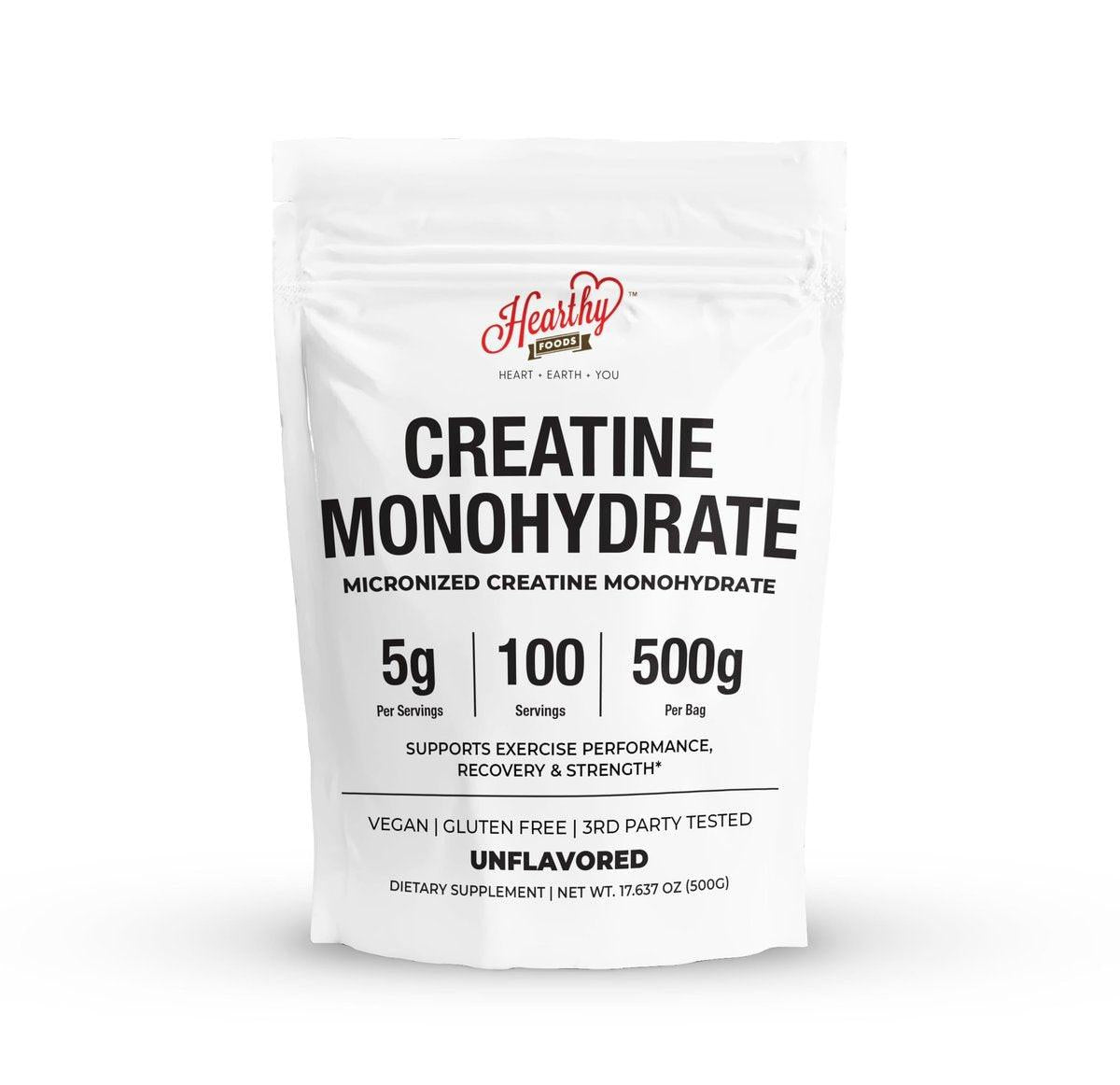 HEARTHY FOODS Creatin Monohydrat Mikronisiertes Pulver 500 g - 100 Portionen, 5000 mg pro Portion (5 g) - für Männer & Frauen Muskelwachstum & Erholung - UNGESÜSST