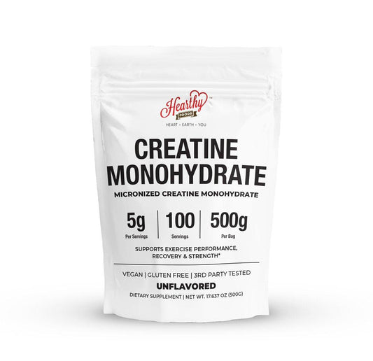 HEARTHY FOODS Creatin Monohydrat Mikronisiertes Pulver 500 g - 100 Portionen, 5000 mg pro Portion (5 g) - für Männer & Frauen Muskelwachstum & Erholung - UNGESÜSST
