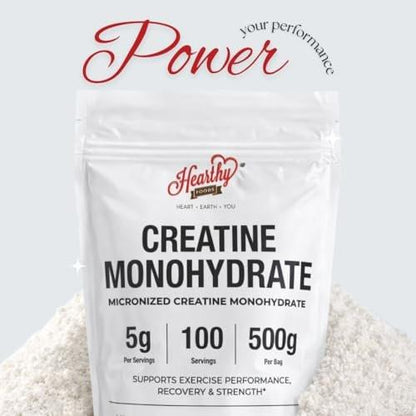 HEARTHY FOODS Creatin Monohydrat Mikronisiertes Pulver 500 g - 100 Portionen, 5000 mg pro Portion (5 g) - für Männer & Frauen Muskelwachstum & Erholung - UNGESÜSST