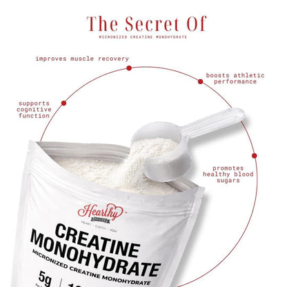 HEARTHY FOODS Creatin Monohydrat Mikronisiertes Pulver 500 g - 100 Portionen, 5000 mg pro Portion (5 g) - für Männer & Frauen Muskelwachstum & Erholung - UNGESÜSST