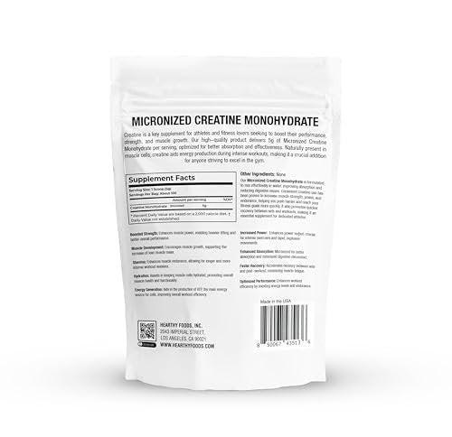 HEARTHY FOODS Creatin Monohydrat Mikronisiertes Pulver 500 g - 100 Portionen, 5000 mg pro Portion (5 g) - für Männer & Frauen Muskelwachstum & Erholung - UNGESÜSST