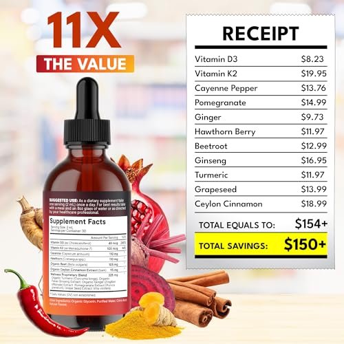 Cayenne Pfeffer Ergänzung Flüssigtropfen + Weißdornbeere, Vitamin D3 K2 Rote Bete Pulver, Ceylon Zimt, Kurkuma Curcumin, Bio Panax Ginseng - 118 ml