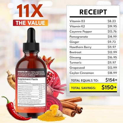 Cayenne Pfeffer Ergänzung Flüssigtropfen + Weißdornbeere, Vitamin D3 K2 Rote Bete Pulver, Ceylon Zimt, Kurkuma Curcumin, Bio Panax Ginseng - 118 ml