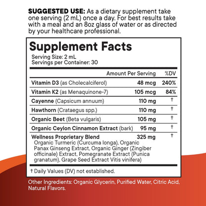 Cayenne Pfeffer Ergänzung Flüssigtropfen + Weißdornbeere, Vitamin D3 K2 Rote Bete Pulver, Ceylon Zimt, Kurkuma Curcumin, Bio Panax Ginseng - 118 ml
