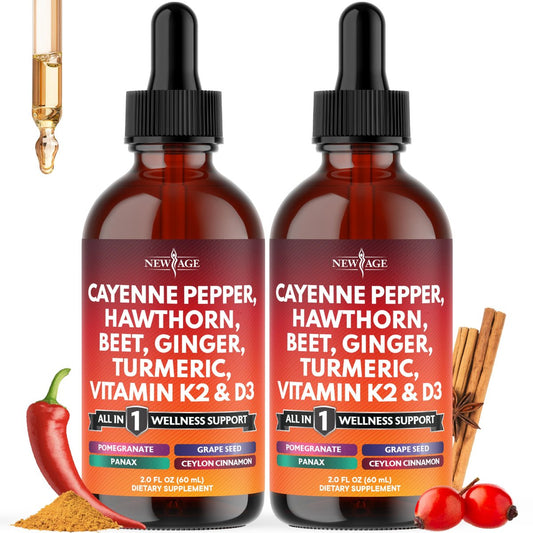 Cayenne Pfeffer Ergänzung Flüssigtropfen + Weißdornbeere, Vitamin D3 K2 Rote Bete Pulver, Ceylon Zimt, Kurkuma Curcumin, Bio Panax Ginseng - 118 ml