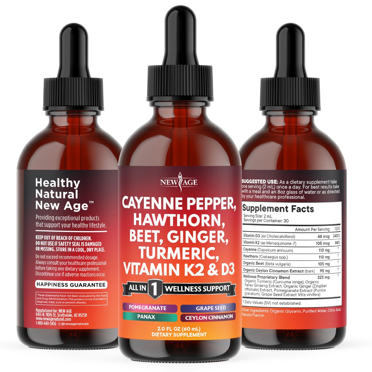 Cayenne Pfeffer Ergänzung Flüssigtropfen + Weißdornbeere, Vitamin D3 K2 Rote Bete Pulver, Ceylon Zimt, Kurkuma Curcumin, Bio Panax Ginseng - 118 ml