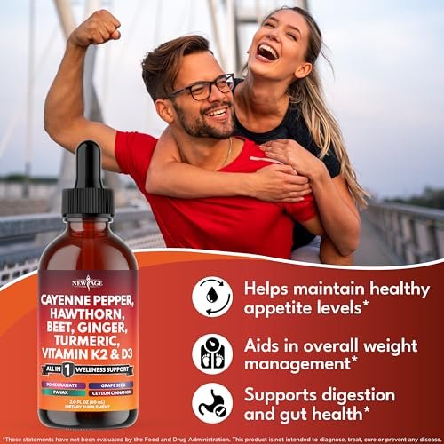 Cayenne Pfeffer Ergänzung Flüssigtropfen + Weißdornbeere, Vitamin D3 K2 Rote Bete Pulver, Ceylon Zimt, Kurkuma Curcumin, Bio Panax Ginseng - 118 ml