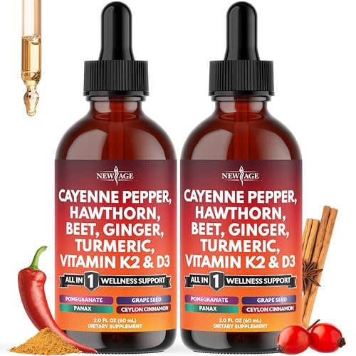Cayenne Pfeffer Ergänzung Flüssigtropfen + Weißdornbeere, Vitamin D3 K2 Rote Bete Pulver, Ceylon Zimt, Kurkuma Curcumin, Bio Panax Ginseng - 118 ml