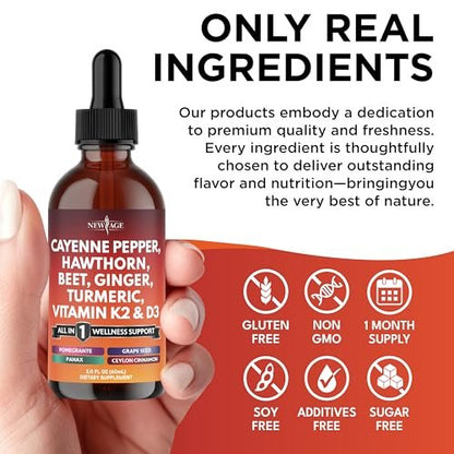 Cayenne Pfeffer Ergänzung Flüssigtropfen + Weißdornbeere, Vitamin D3 K2 Rote Bete Pulver, Ceylon Zimt, Kurkuma Curcumin, Bio Panax Ginseng - 118 ml