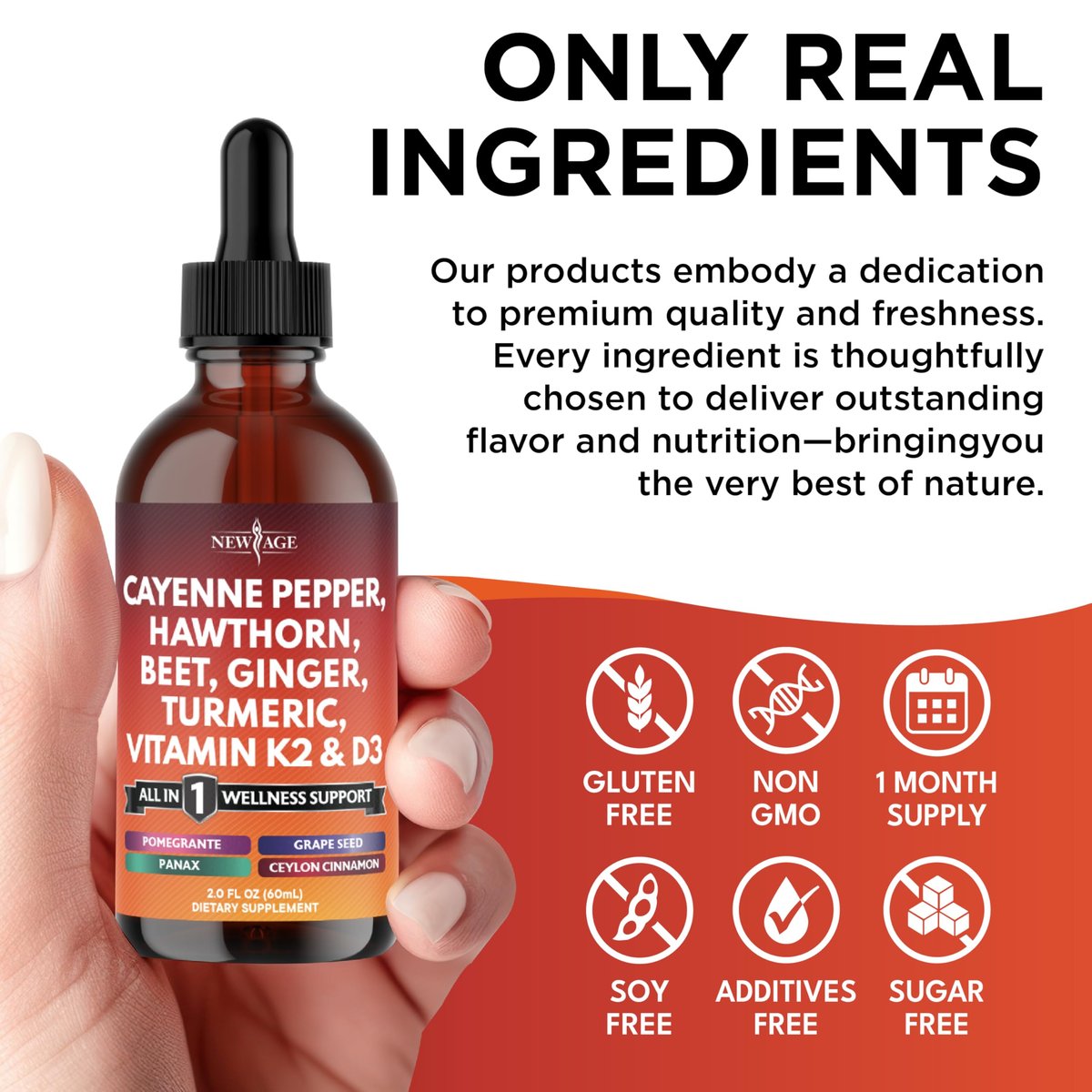 Cayenne Pfeffer Ergänzung Flüssigtropfen + Weißdornbeere, Vitamin D3 K2 Rote Bete Pulver, Ceylon Zimt, Kurkuma Curcumin, Bio Panax Ginseng - 118 ml