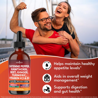 Cayenne Pfeffer Ergänzung Flüssigtropfen + Weißdornbeere, Vitamin D3 K2 Rote Bete Pulver, Ceylon Zimt, Kurkuma Curcumin, Bio Panax Ginseng - 118 ml