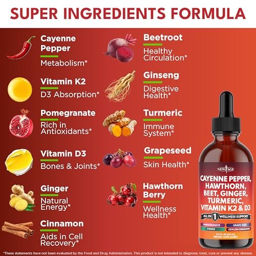 Cayenne Pfeffer Ergänzung Flüssigtropfen + Weißdornbeere, Vitamin D3 K2 Rote Bete Pulver, Ceylon Zimt, Kurkuma Curcumin, Bio Panax Ginseng - 118 ml