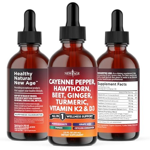 Cayenne Pfeffer Ergänzung Flüssigtropfen + Weißdornbeere, Vitamin D3 K2 Rote Bete Pulver, Ceylon Zimt, Kurkuma Curcumin, Bio Panax Ginseng - 118 ml