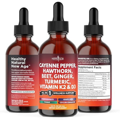 Cayenne Pfeffer Ergänzung Flüssigtropfen + Weißdornbeere, Vitamin D3 K2 Rote Bete Pulver, Ceylon Zimt, Kurkuma Curcumin, Bio Panax Ginseng - 118 ml