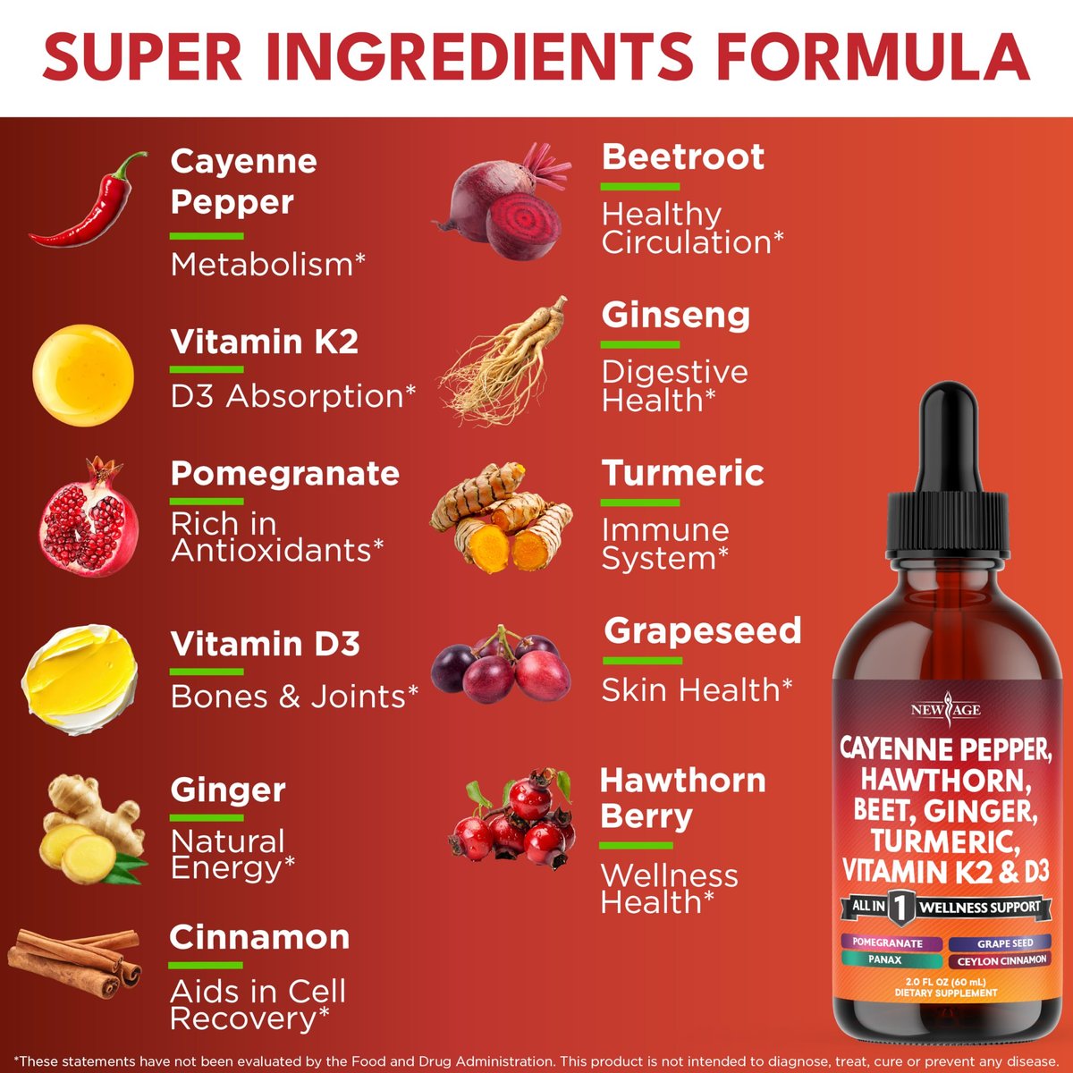 Cayenne Pfeffer Ergänzung Flüssigtropfen + Weißdornbeere, Vitamin D3 K2 Rote Bete Pulver, Ceylon Zimt, Kurkuma Curcumin, Bio Panax Ginseng - 118 ml
