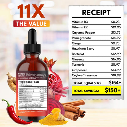 Cayenne Pfeffer Ergänzung Flüssigtropfen + Weißdornbeere, Vitamin D3 K2 Rote Bete Pulver, Ceylon Zimt, Kurkuma Curcumin, Bio Panax Ginseng - 118 ml