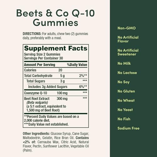 Nature's Bounty Beets & Co Q-10 Gummies für die Herzgesundheit – Coenzym Q10, Rote-Bete-Extrakt, unterstützt gesunden Kreislauf und Herzfunktion, zelluläre Energieproduktion, Himbeergeschmack, 60 Gummis