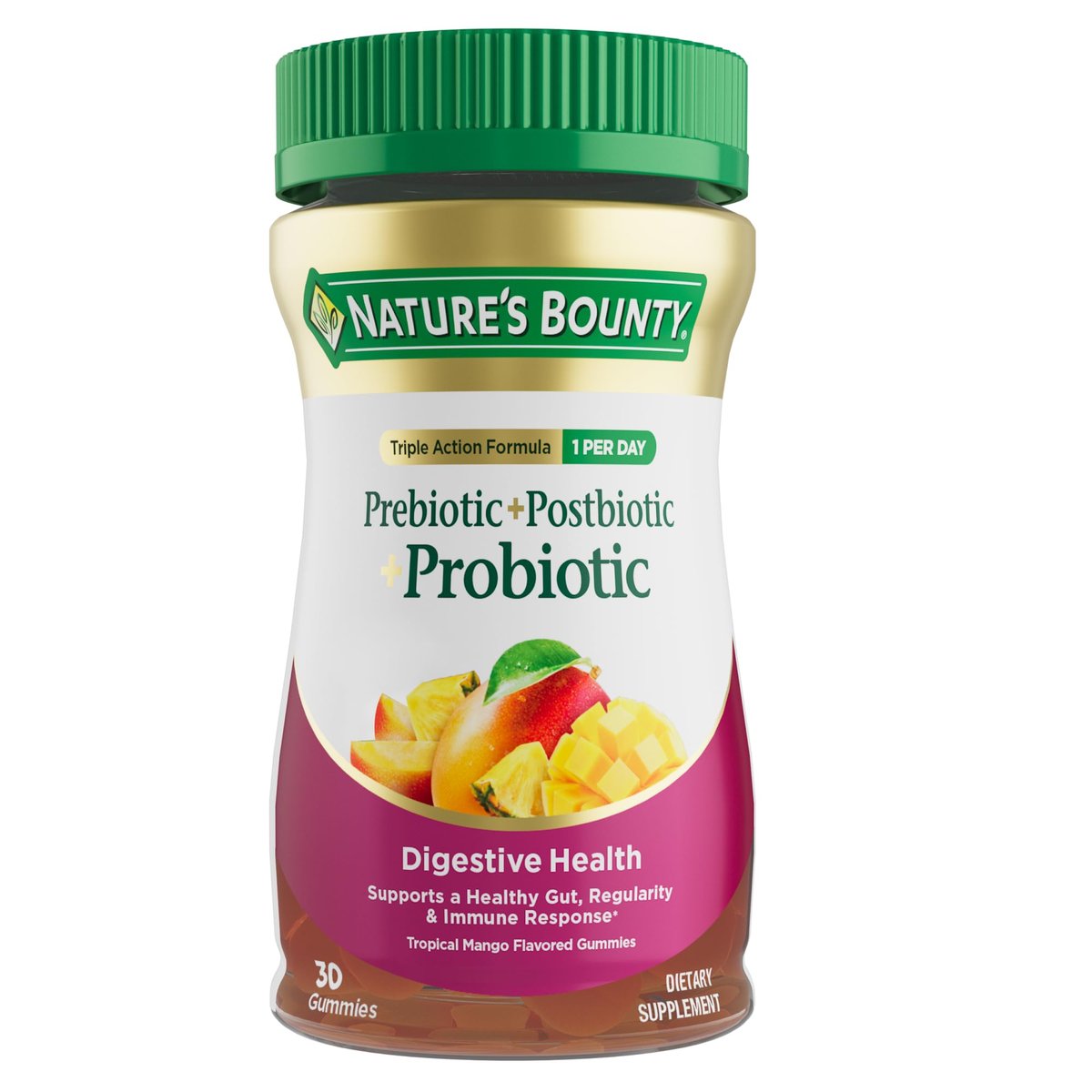 Nature’s Bounty Prä + Pro + Postbiotikum Gummis für Verdauungsgesundheit, Immununterstützung - Probiotische Gummis für Darmgesundheit, Geschmack Tropische Mango, 30 Stück