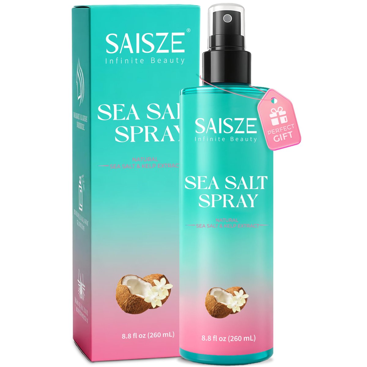 SAISZE Meersalz-Spray für Frauen und Männer, Reise-Essentials, Strandurlaub-Essentials, Texturierte Beach Waves & Volumen für lockiges Haar, Kokos-Surf-Spray, Geschenke für Teenager-Mädchen, 260 ml