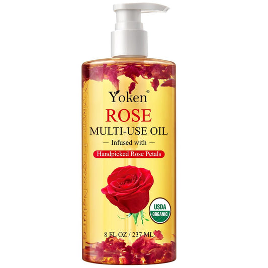 Mehrzweck-Körperöl mit Rosenblättern, Vitamin E und Mandelöl – USDA Bio-zertifiziert, nährend und feuchtigkeitsspendend für Haut, Gesicht, Haare und Nägel, 8 Fl Oz