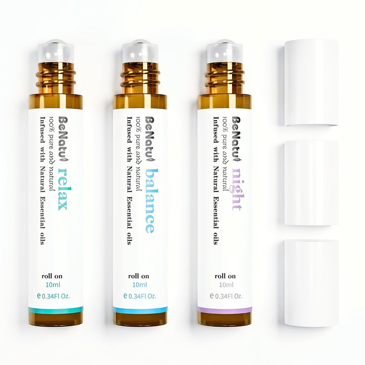 Benatu Essential Oil Set (Relax, Night, Balance) – Aromatherapie Roll-On Blends für Massage, Körperpflege & Zuhause – Geschenkset für Männer & Frauen