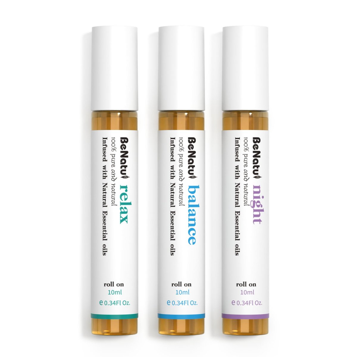 Benatu Essential Oil Set (Relax, Night, Balance) – Aromatherapie Roll-On Blends für Massage, Körperpflege & Zuhause – Geschenkset für Männer & Frauen