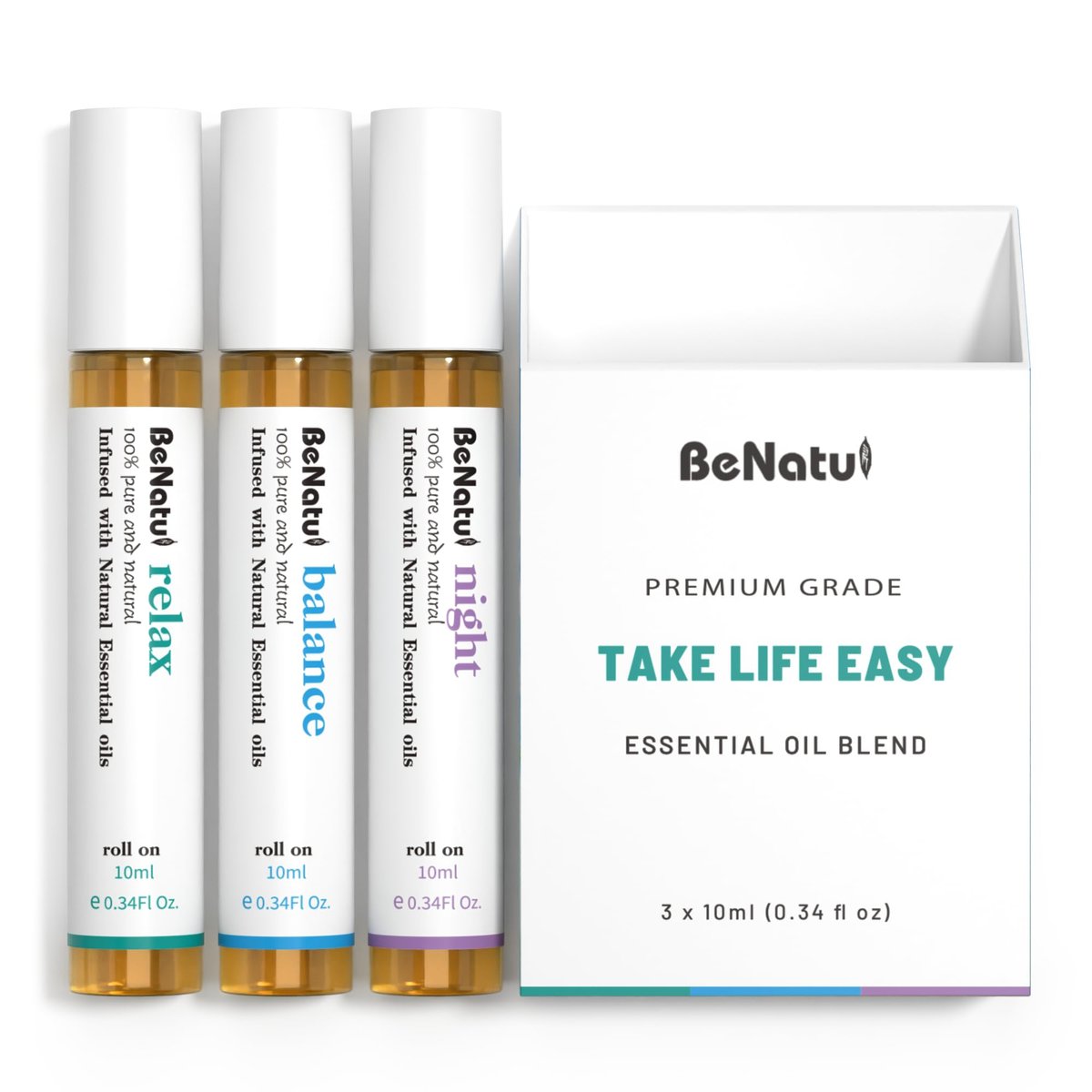 Benatu Essential Oil Set (Relax, Night, Balance) – Aromatherapie Roll-On Blends für Massage, Körperpflege & Zuhause – Geschenkset für Männer & Frauen