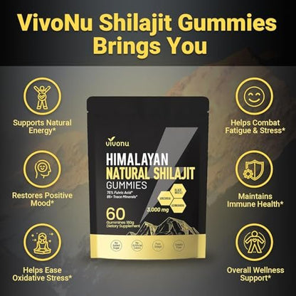 Himalaya Shilajit Gummis mit Ashwagandha & Gokshura | 85+ Spurenelemente & Fulvinsäure | Bio, Nicht-GMO Mikronährstoffergänzung für Männer & Frauen | 100% rein & natürlich