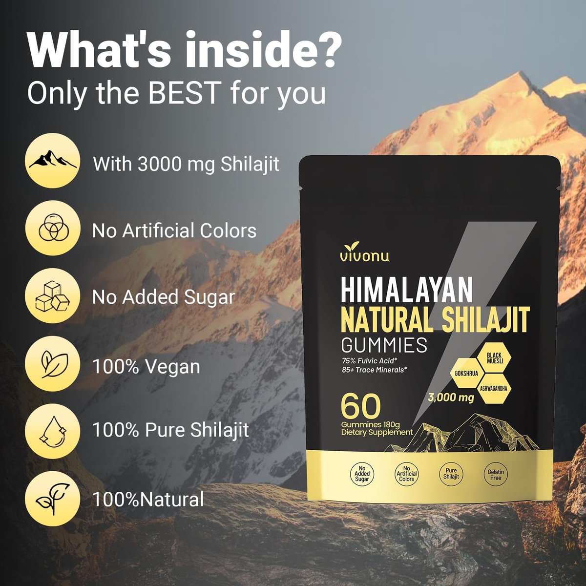 Himalaya Shilajit Gummis mit Ashwagandha & Gokshura | 85+ Spurenelemente & Fulvinsäure | Bio, Nicht-GMO Mikronährstoffergänzung für Männer & Frauen | 100% rein & natürlich