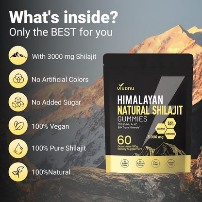 Himalaya Shilajit Gummis mit Ashwagandha & Gokshura | 85+ Spurenelemente & Fulvinsäure | Bio, Nicht-GMO Mikronährstoffergänzung für Männer & Frauen | 100% rein & natürlich