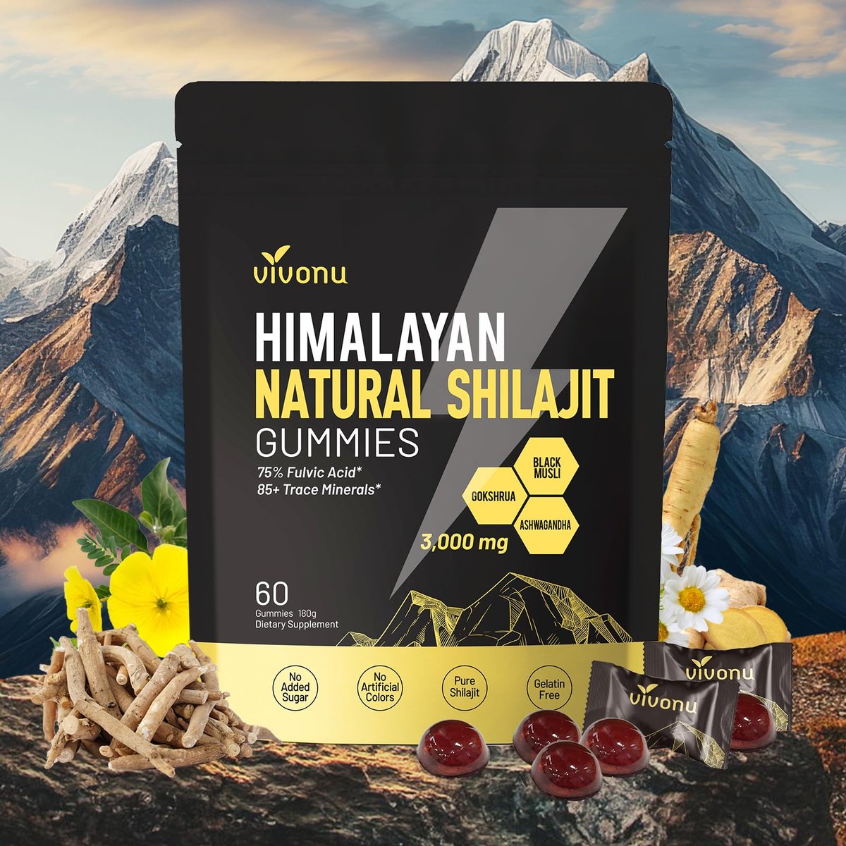 Himalaya Shilajit Gummis mit Ashwagandha & Gokshura | 85+ Spurenelemente & Fulvinsäure | Bio, Nicht-GMO Mikronährstoffergänzung für Männer & Frauen | 100% rein & natürlich