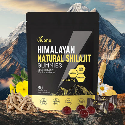 Himalaya Shilajit Gummis mit Ashwagandha & Gokshura | 85+ Spurenelemente & Fulvinsäure | Bio, Nicht-GMO Mikronährstoffergänzung für Männer & Frauen | 100% rein & natürlich