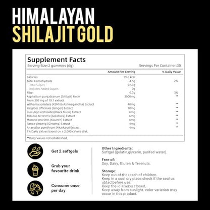 Himalaya Shilajit Gummis mit Ashwagandha & Gokshura | 85+ Spurenelemente & Fulvinsäure | Bio, Nicht-GMO Mikronährstoffergänzung für Männer & Frauen | 100% rein & natürlich