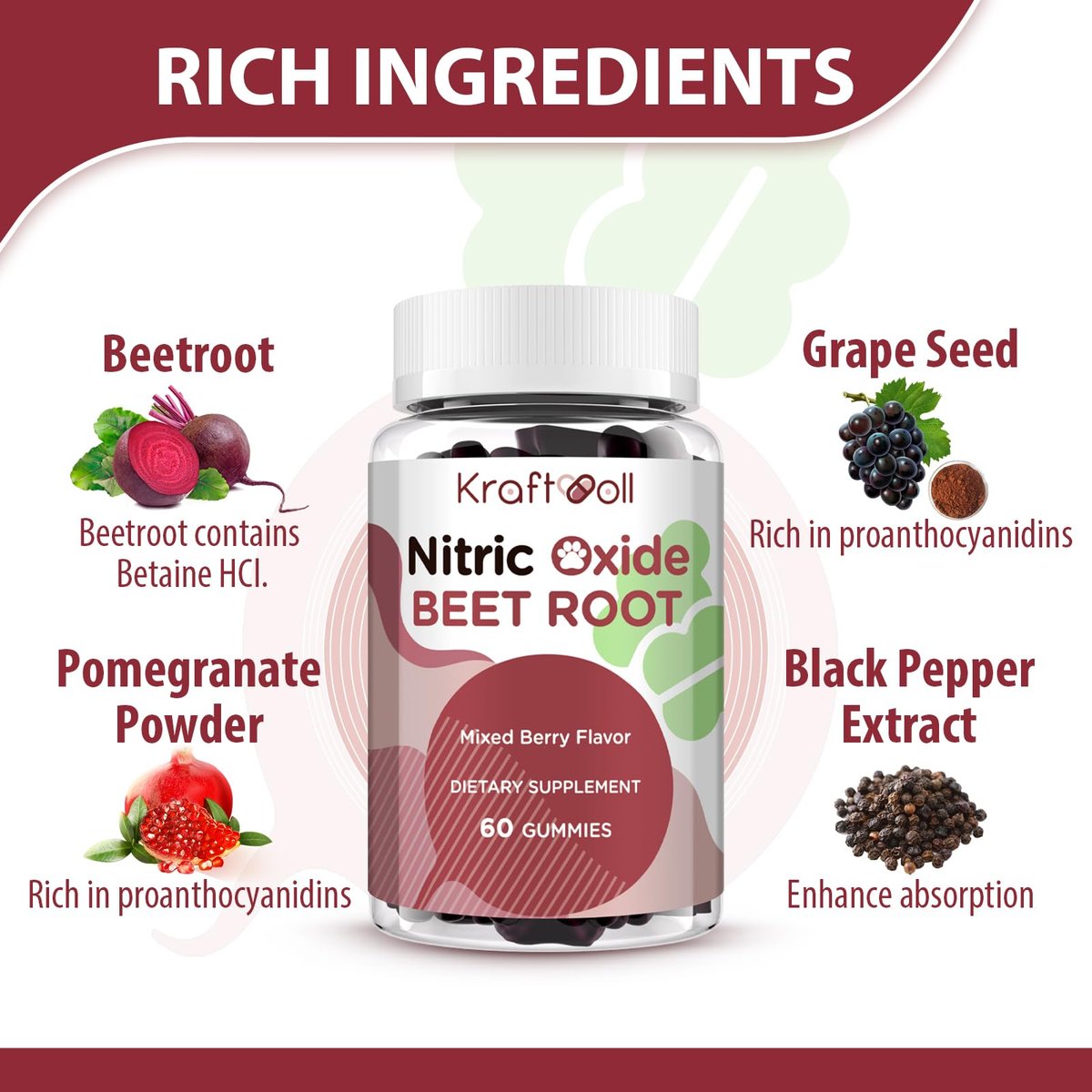 Kraftvoll Nitric Oxide Beet Root Gummies mit Traubenkernpulver, Granatapfelpulver, Vitamin C & B12 – Zuckerfrei, gemischter Beeren-Geschmack – 60 Gummis