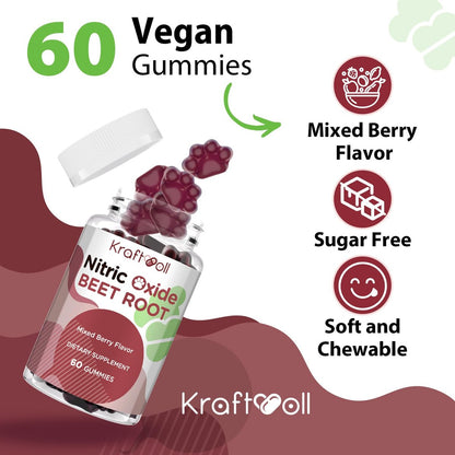 Kraftvoll Nitric Oxide Beet Root Gummies mit Traubenkernpulver, Granatapfelpulver, Vitamin C & B12 – Zuckerfrei, gemischter Beeren-Geschmack – 60 Gummis