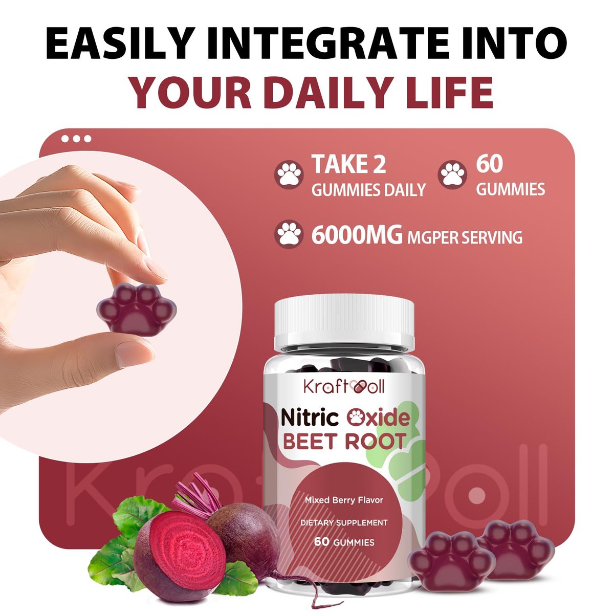 Kraftvoll Nitric Oxide Beet Root Gummies mit Traubenkernpulver, Granatapfelpulver, Vitamin C & B12 – Zuckerfrei, gemischter Beeren-Geschmack – 60 Gummis