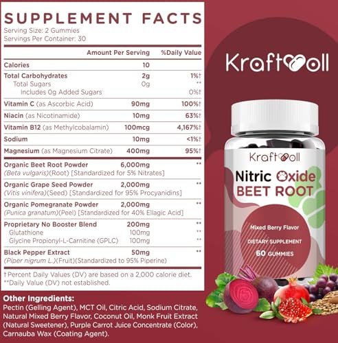 Kraftvoll Nitric Oxide Beet Root Gummies mit Traubenkernpulver, Granatapfelpulver, Vitamin C & B12 – Zuckerfrei, gemischter Beeren-Geschmack – 60 Gummis
