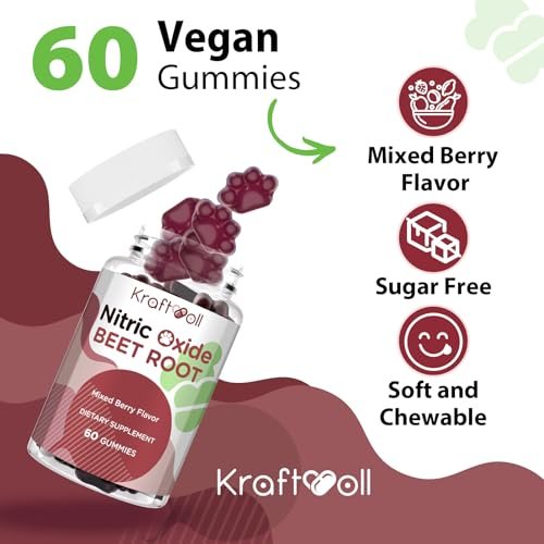 Kraftvoll Nitric Oxide Beet Root Gummies mit Traubenkernpulver, Granatapfelpulver, Vitamin C & B12 – Zuckerfrei, gemischter Beeren-Geschmack – 60 Gummis