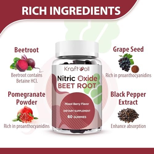Kraftvoll Nitric Oxide Beet Root Gummies mit Traubenkernpulver, Granatapfelpulver, Vitamin C & B12 – Zuckerfrei, gemischter Beeren-Geschmack – 60 Gummis