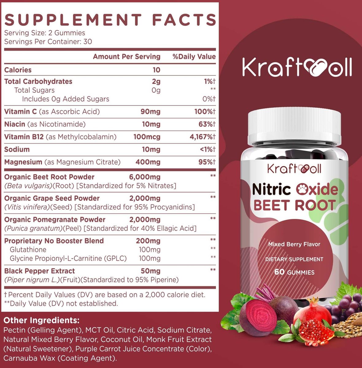 Kraftvoll Nitric Oxide Beet Root Gummies mit Traubenkernpulver, Granatapfelpulver, Vitamin C & B12 – Zuckerfrei, gemischter Beeren-Geschmack – 60 Gummis