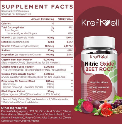 Kraftvoll Nitric Oxide Beet Root Gummies mit Traubenkernpulver, Granatapfelpulver, Vitamin C & B12 – Zuckerfrei, gemischter Beeren-Geschmack – 60 Gummis
