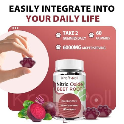 Kraftvoll Nitric Oxide Beet Root Gummies mit Traubenkernpulver, Granatapfelpulver, Vitamin C & B12 – Zuckerfrei, gemischter Beeren-Geschmack – 60 Gummis