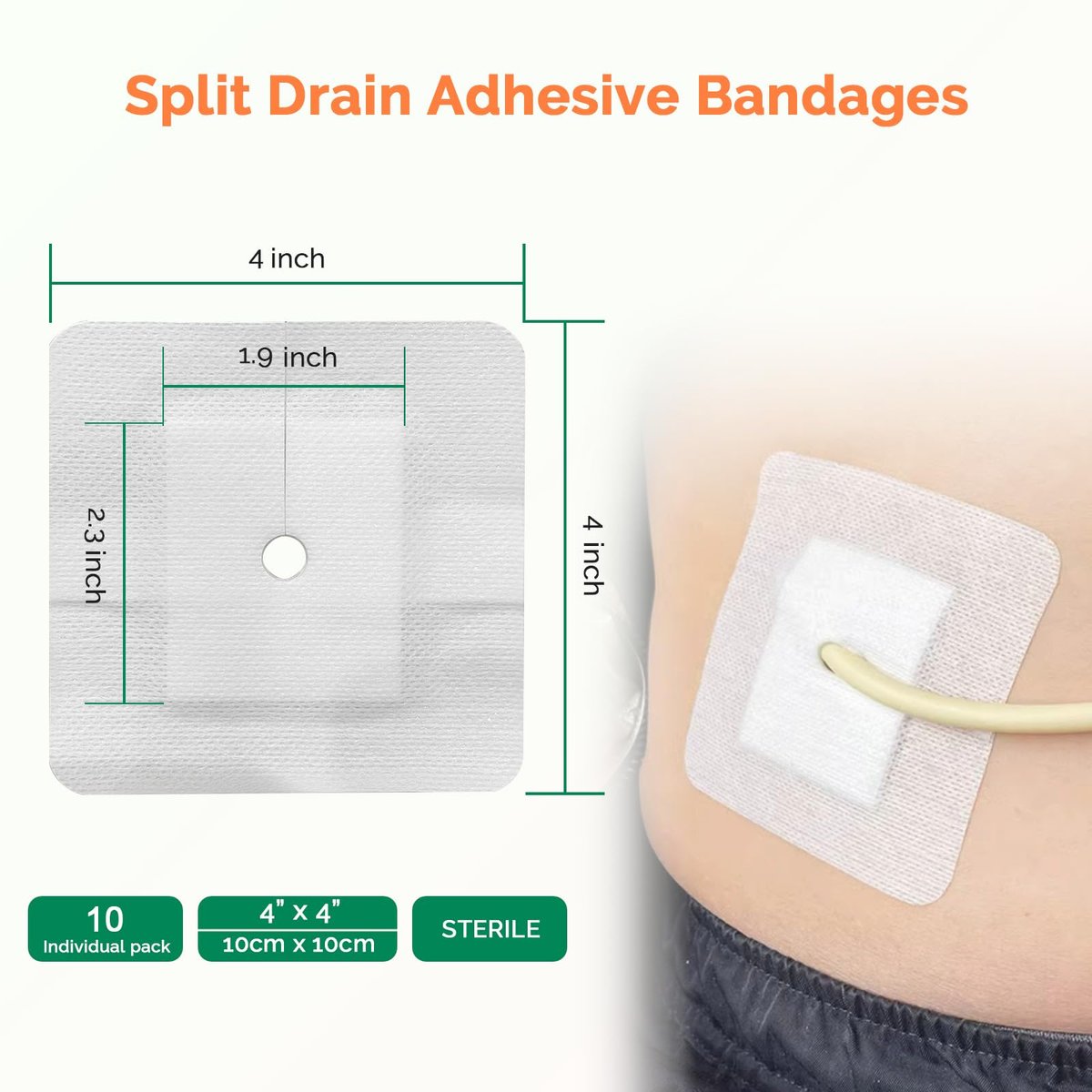 Split Drain Adhesive Bandages 4" x 4" 10 Stück – PD-Katheter-Pflaster, Foley-Tubing-Stabilisierung, G-Tube-Abdeckungen, Peritonealdialyse-Zubehör