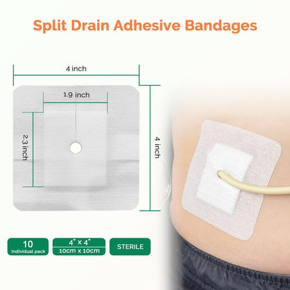 Split Drain Adhesive Bandages 4" x 4" 10 Stück – PD-Katheter-Pflaster, Foley-Tubing-Stabilisierung, G-Tube-Abdeckungen, Peritonealdialyse-Zubehör