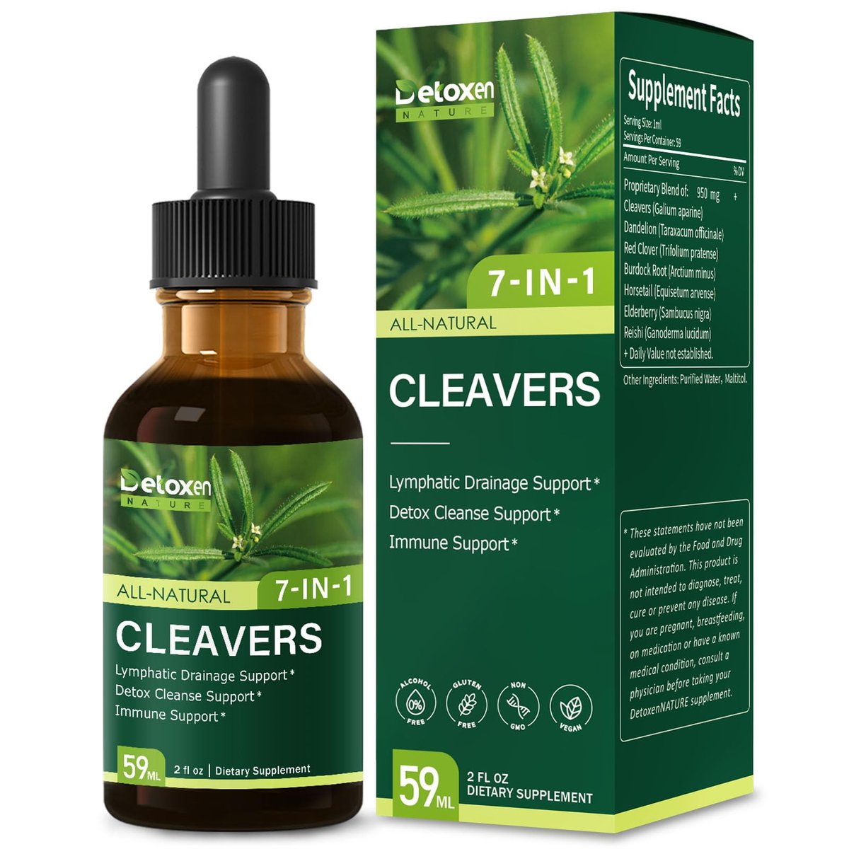 DetoxenNATURE Cleavers Herb Extract Organic Drops – Lymphatische Drainage & Detox Unterstützung mit Löwenzahn, Schachtelhalm, Holunder und Reishi – 60 ml